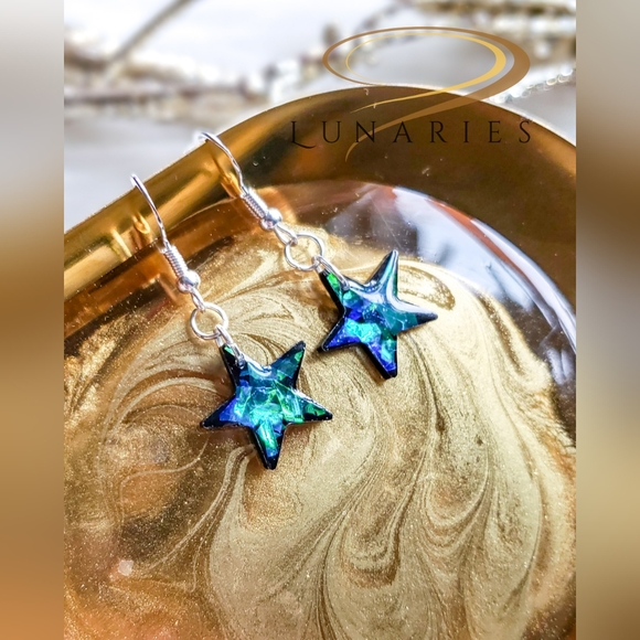 Holographic Color-Shifting Resin Star Earrings, Handmade - Picture 2 of 6